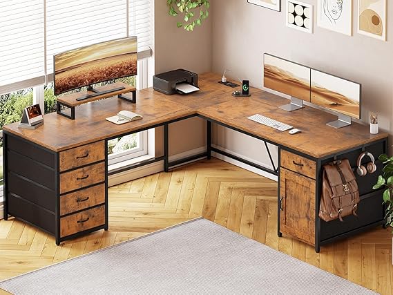 L-Shaped Desk with Drawers, Power Outlet & Monitor Shelf