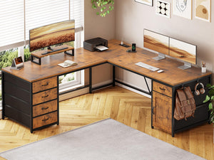 L-Shaped Computer Desk with Drawers, Monitor Shelf & Power Outlet