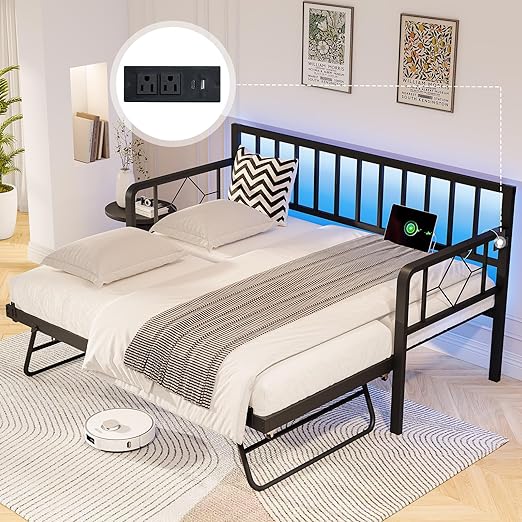 Twin Daybed with Trundle, Charging Station & LED Lights