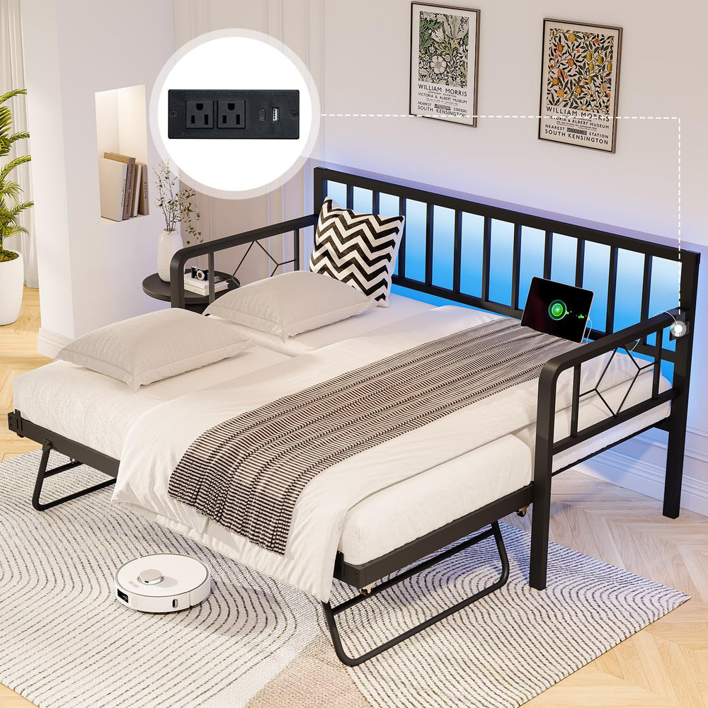 Twin Daybed with Trundle, Charging Station & LED Lights