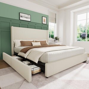 King Size Bed Frame with Storage Drawers, Corduroy Upholstered Wingback Platform Bed
