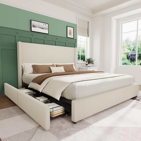 King Size Bed Frame with Storage Drawers, Corduroy Upholstered Wingback Platform Bed