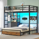 Twin Over Full Metal Bunk Bed with Storage Drawers, Bookshelf & LED Lights