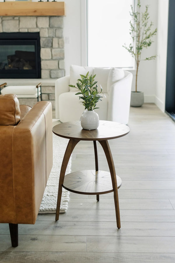 Round Wood End Table with Lower Shelf – Mid-Century Modern, Nutmeg Brown