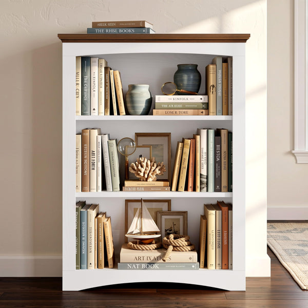 3-Tier Farmhouse Bookshelf, 43" Tall Wide Floor Standing Bookcase