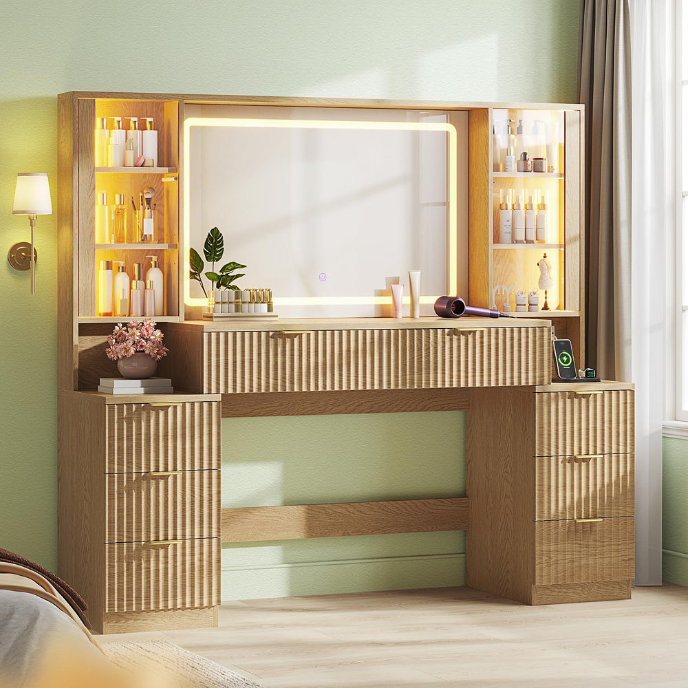 Large Makeup Vanity Desk with LED Mirror, 8 Drawers & Charging Station