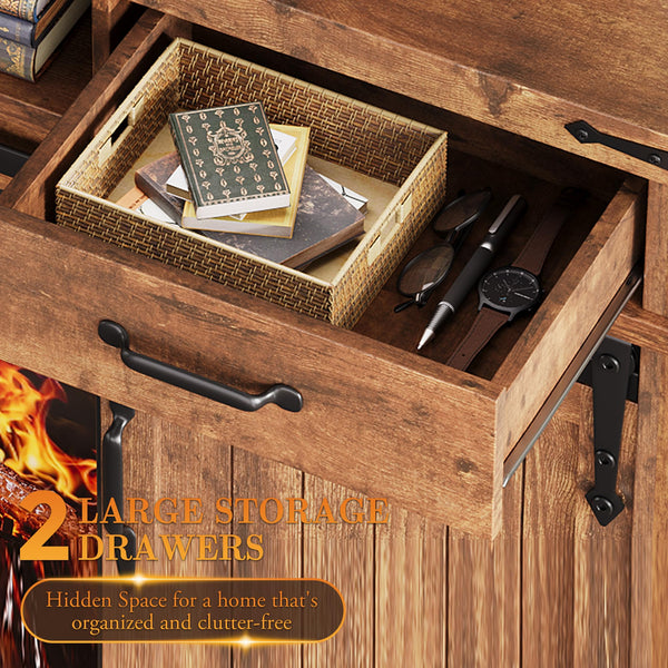 Fireplace TV Stand with Electric Fireplace, LED Light & Sliding Barn Door – Fits TVs up to 65"