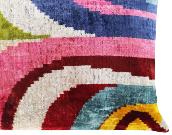 Silk Velvet Throw Pillow 16x24 – Rainbow Ikat Bohemian Accent Cushion