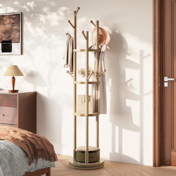Freestanding Rotating Wood Coat Rack with Shelves and Hooks
