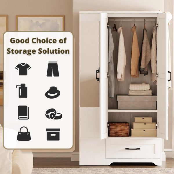70" Wardrobe Closet with Mirror, Drawer & Side Shelves
