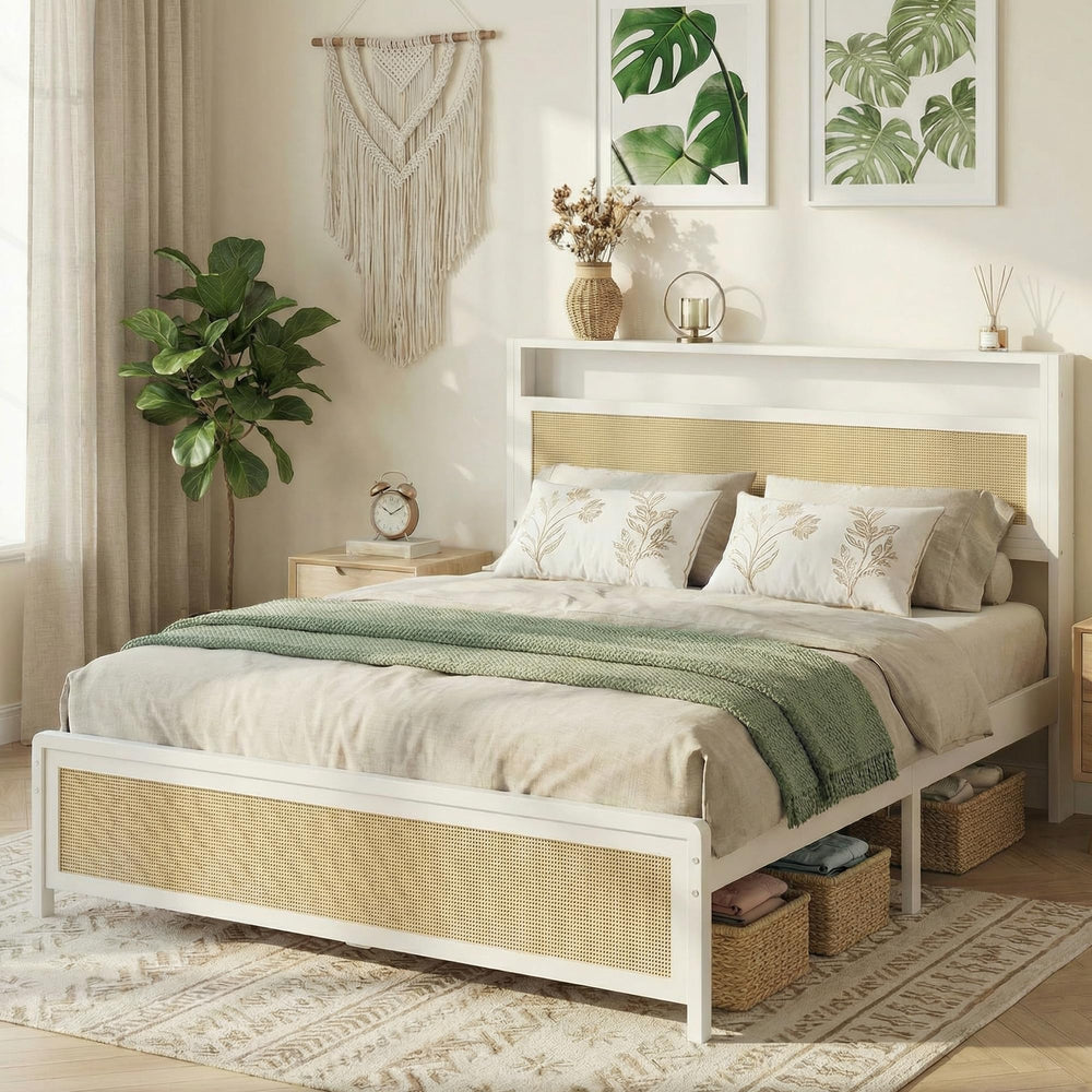 Rattan Queen Bed Frame with Storage Headboard