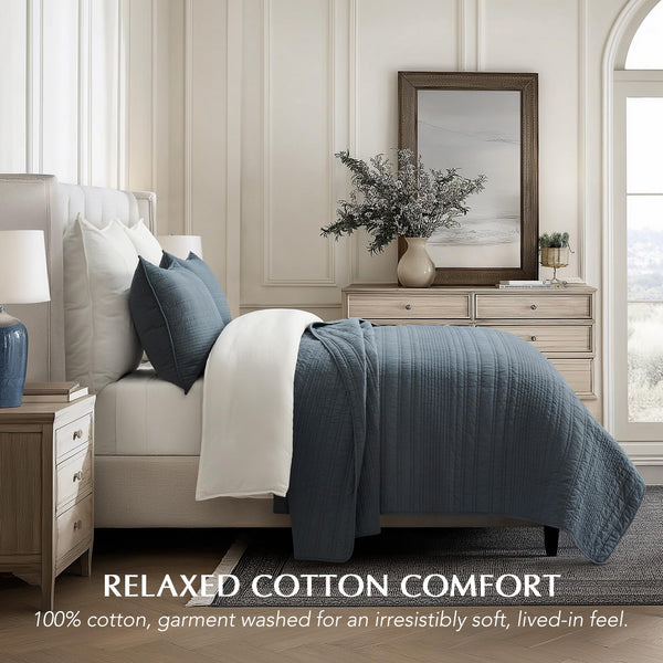 Cotton Quilt Set with Pillow Shams – Modern Stripe Coverlet