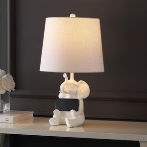 Elephant Kids Table Lamp with Phone Stand – Linen Shade, LED Bulb Included