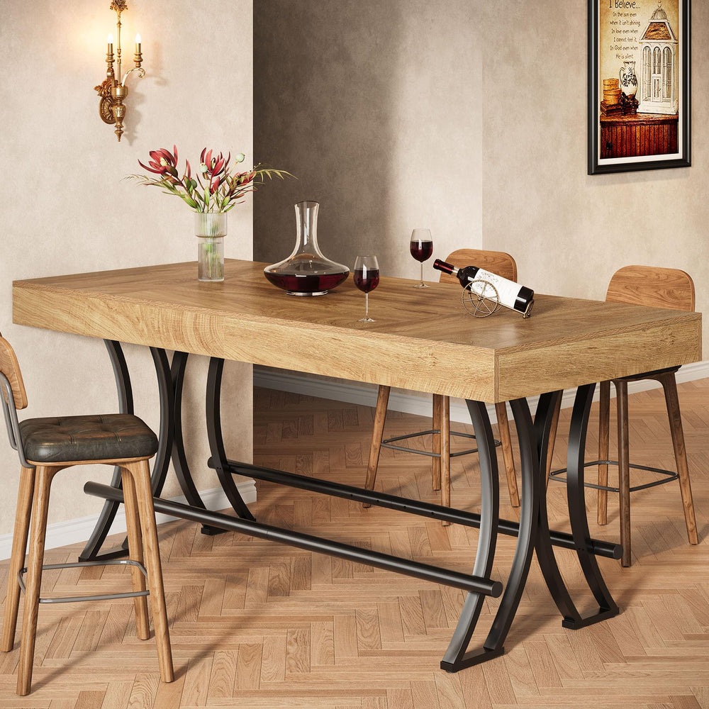 63" Counter Height Bar Table with Metal Footrest — Rustic Brown