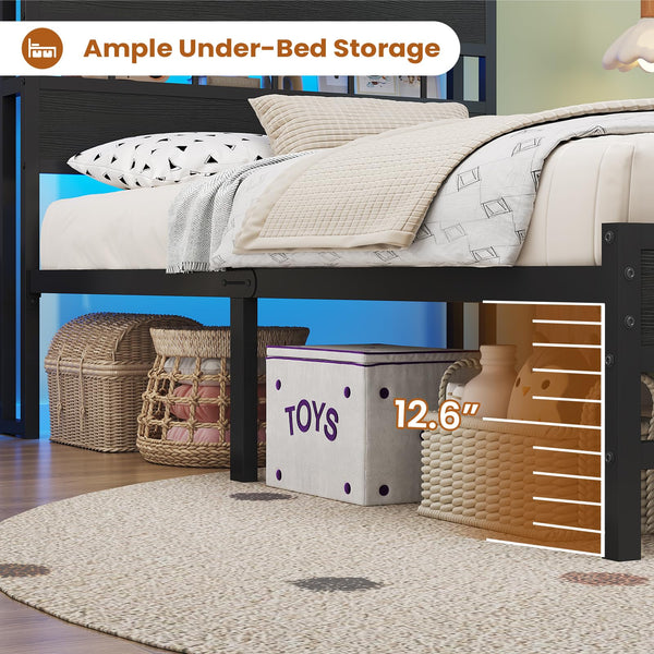 Twin Bed Frame with Headboard, LED Lights & Charging Station