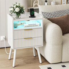 Fluted Nightstand with Charging Station & LED