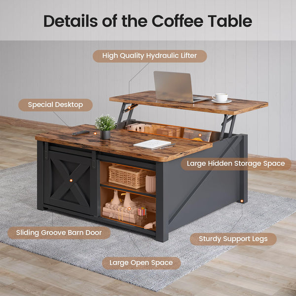 Lift Top Coffee Table with Hidden Storage and Adjustable Shelves