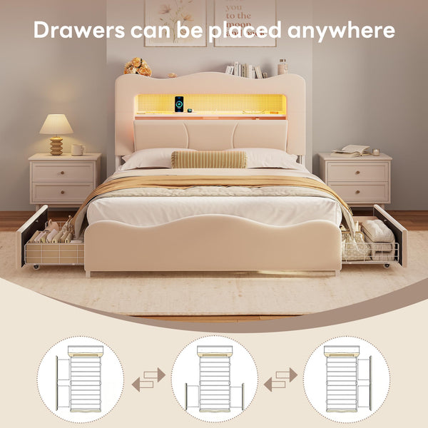 Full Upholstered LED Storage Bed with Charging Station