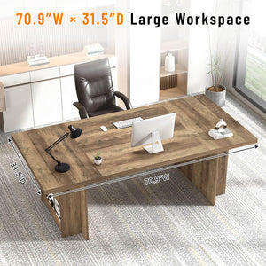 70" Large Executive Desk with Storage Shelves, Industrial Wood