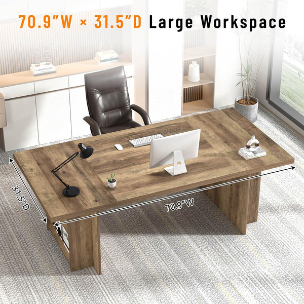 70" Large Executive Desk with Storage Shelves, Industrial Wood