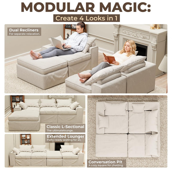 108-Inch Modular Cloud Sectional Sofa with Ottoman – Warm White