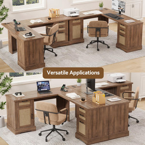 Farmhouse L-Shaped Corner Desk – 3 Drawers, 2 Cabinets & Built-In Power Outlets