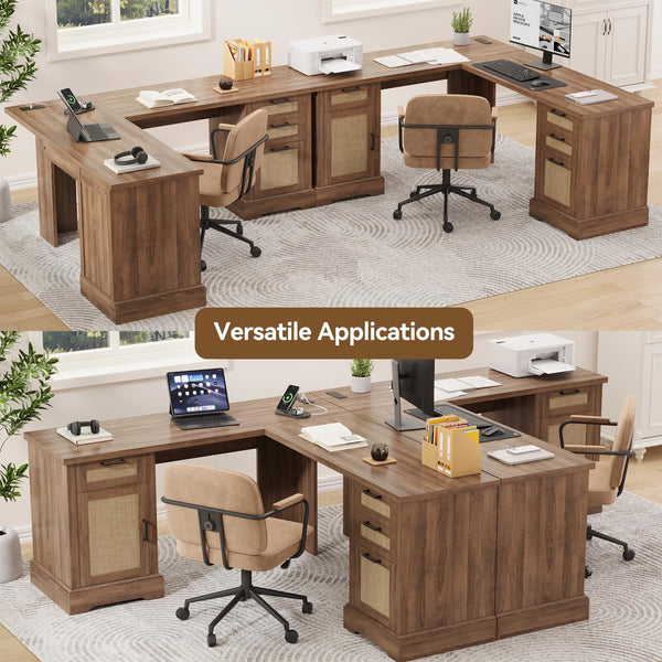 Farmhouse L-Shaped Corner Desk – 3 Drawers, 2 Cabinets & Built-In Power Outlets