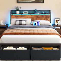 Queen Bed Frame with Storage Headboard, LED Lights & 2 Drawers