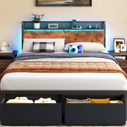 Queen Bed Frame with Storage Headboard, LED Lights & 2 Drawers