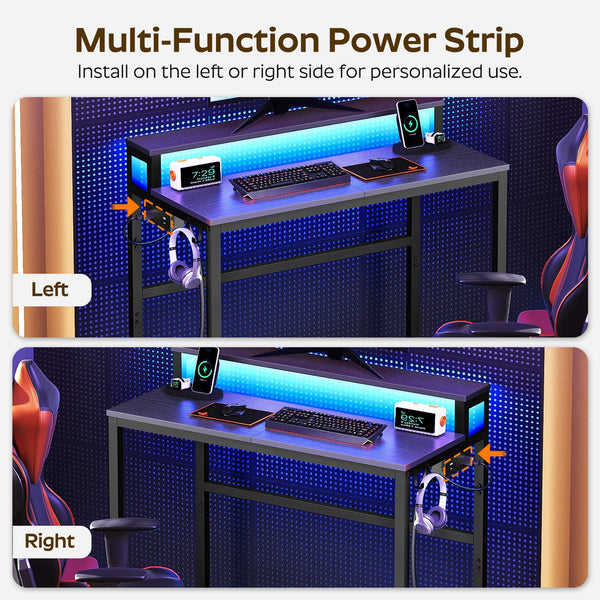 2-Tier Computer Desk with LED Lights & Charging Station
