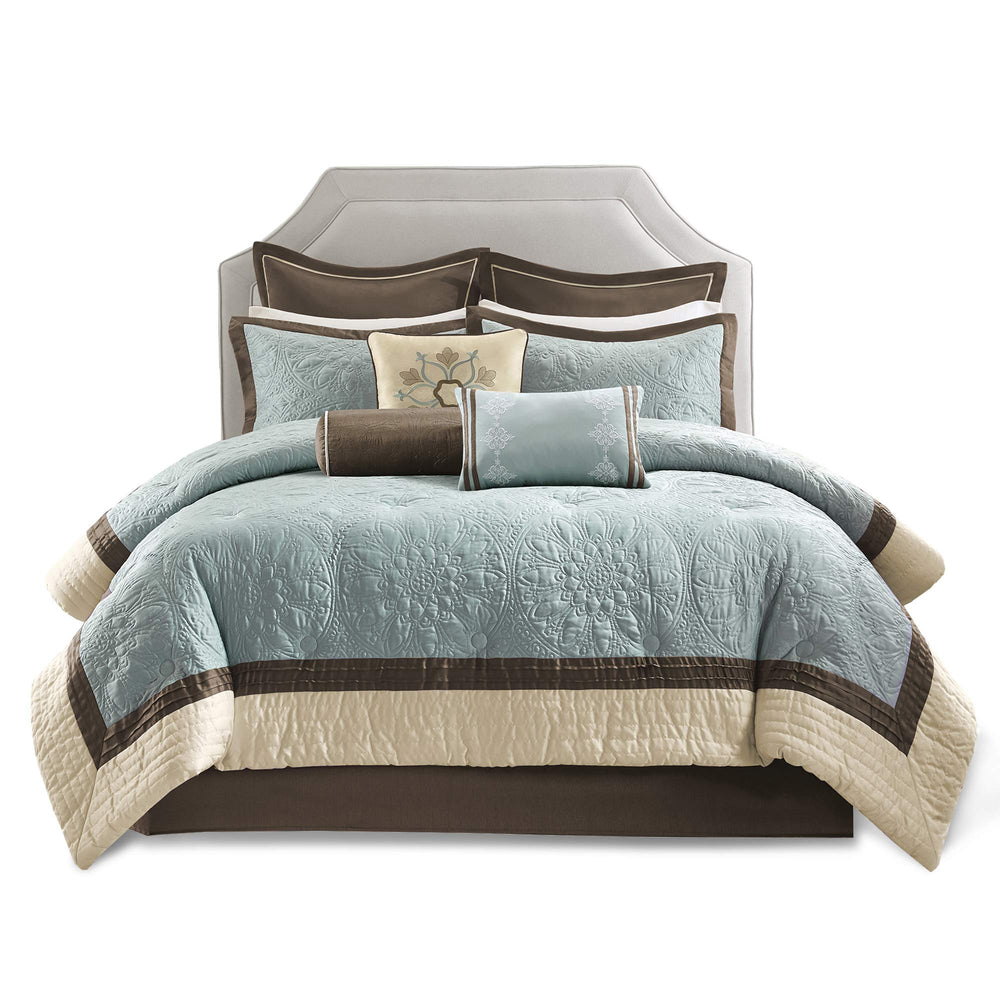 Blue Medallion Quilted Comforter Set with Bed Skirt & Decorative Pillows