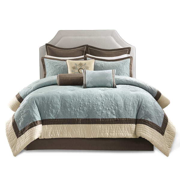 Blue Medallion Quilted Comforter Set with Bed Skirt & Decorative Pillows