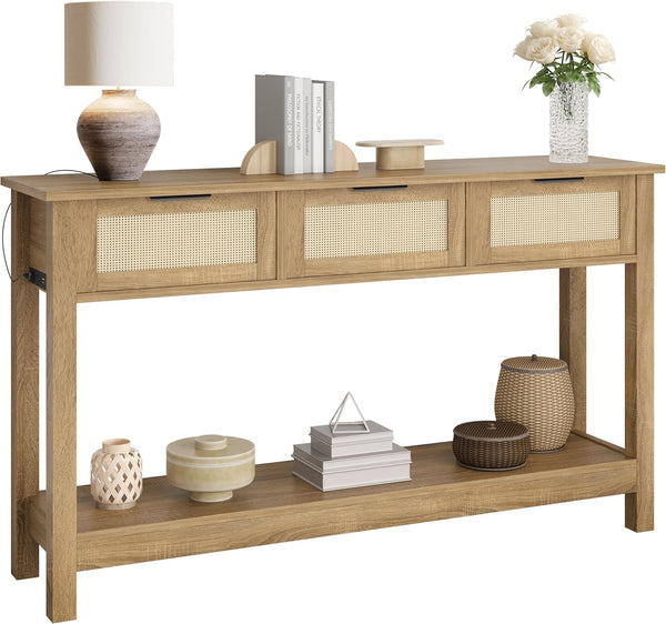 47" Rattan Console Table with 3 Drawers & Storage Shelf