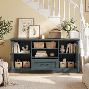 62-Inch Farmhouse TV Stand with Storage Cabinets and Glass Doors