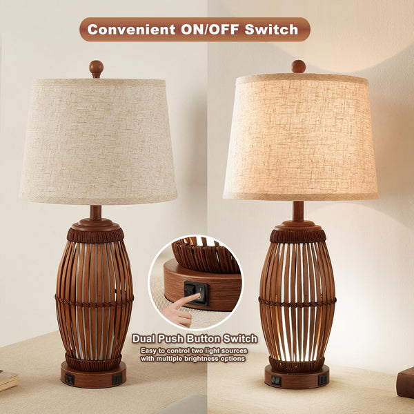 Bamboo Woven Table Lamp Set of 2 with Nightlight & USB Ports