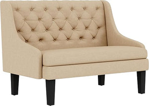 Mid-Century Modern Settee Bench with Tufted Back & Wood Legs