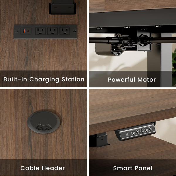 ModernMate 71" L-Shaped Electric Standing Desk with 5 Drawers, One-Piece Height Adjustable Executive Stand Up Desk, AC/USB & Privacy Panel, Home Office Workstation with Storage, Black Walnut