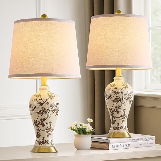 Chinoiserie Ceramic Table Lamp Set of 2 with LED Bulbs