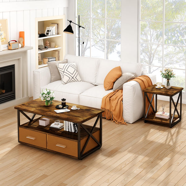 3 Piece Coffee Table Set with Fabric Drawers and Storage Shelves