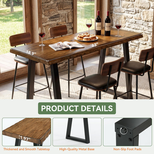 63-Inch Solid Pine Wood Bar Table with Live Edge and Metal Legs
