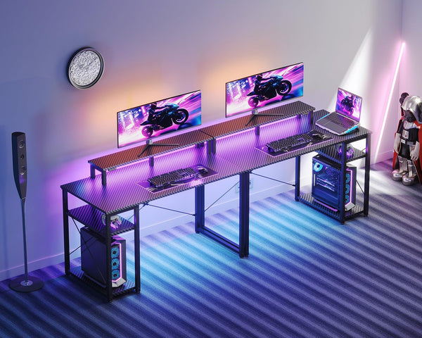 Gaming Desk with LED Lights, Monitor Stand & Side Shelf