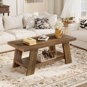 2-Tier Farmhouse Coffee Table with Storage – 47" Rustic Wood, Retro Brown
