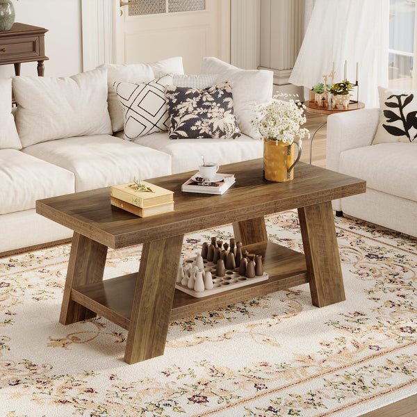 2-Tier Farmhouse Coffee Table with Storage – 47" Rustic Wood, Retro Brown