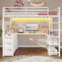 Full Size Loft Bed with U-Shaped Desk, Storage Drawers, LED Lights & Power Outlet