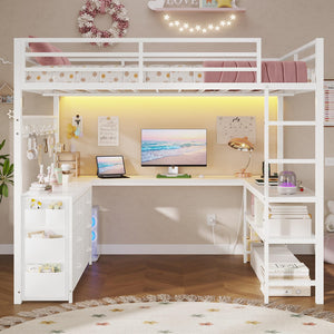 Full Size Loft Bed with U-Shaped Desk, Storage Drawers, LED Lights & Power Outlet
