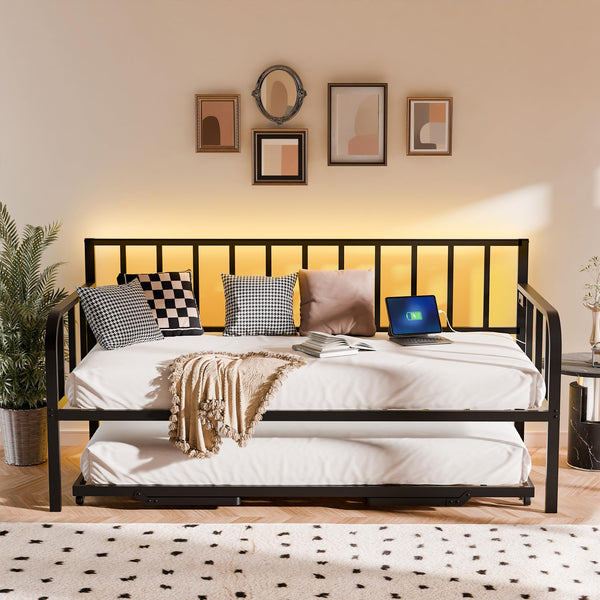 Twin to King Pop-Up Trundle Daybed with LED Lights & Charging Station