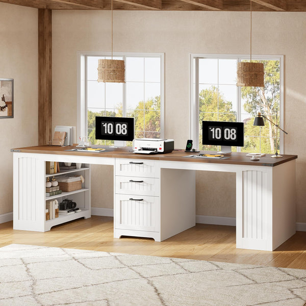 94.5" 2-Person Computer Desk with Power Outlet, Drawers & Adjustable Shelves