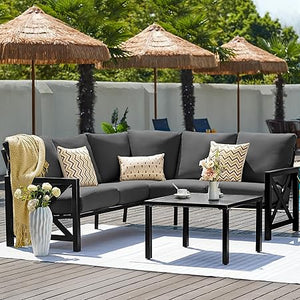 6-Piece L-Shape Outdoor Patio Sectional Sofa Set with Metal Frame & Olefin Cushions