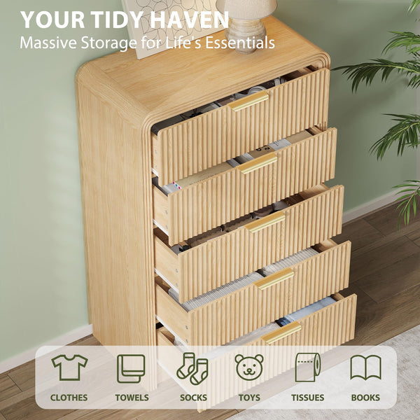 5-Drawer Fluted Dresser — Modern Chest of Drawers with Metal Handles