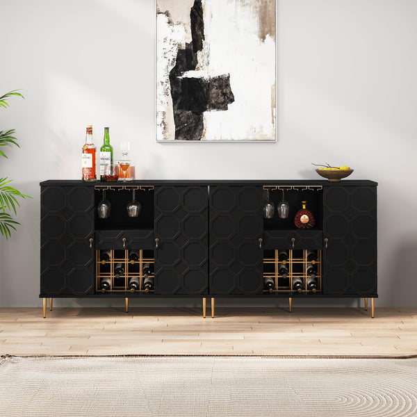 Modern Bar Cabinet with Drawer, Wine Glass Racks & Geometric Door